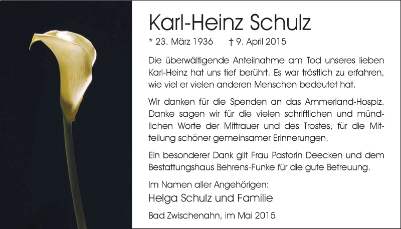  Traueranzeige für Karl-Heinz Schulz vom 16.05.2015 aus Nordwest-Zeitung