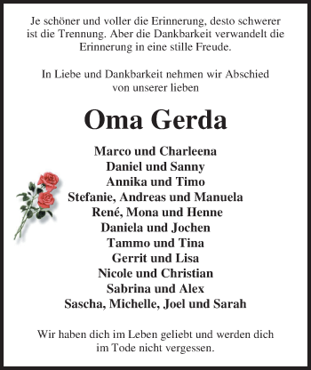 Traueranzeige von Gerda Friebe von Nordwest-Zeitung