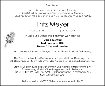 Traueranzeige von Fritz Meyer von Nordwest-Zeitung