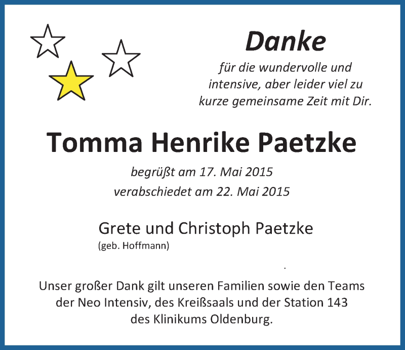  Traueranzeige für Tomma Henrike Paetzke vom 26.05.2015 aus Nordwest-Zeitung