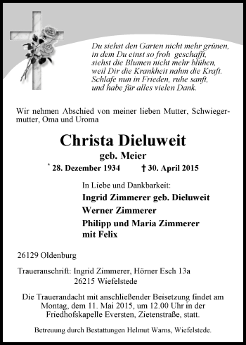 Traueranzeige von Christa Dieluweit von Nordwest-Zeitung