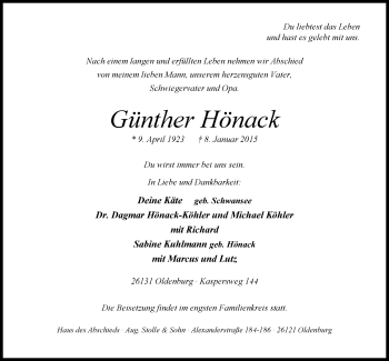 Traueranzeige von Günther Hönack von Nordwest-Zeitung