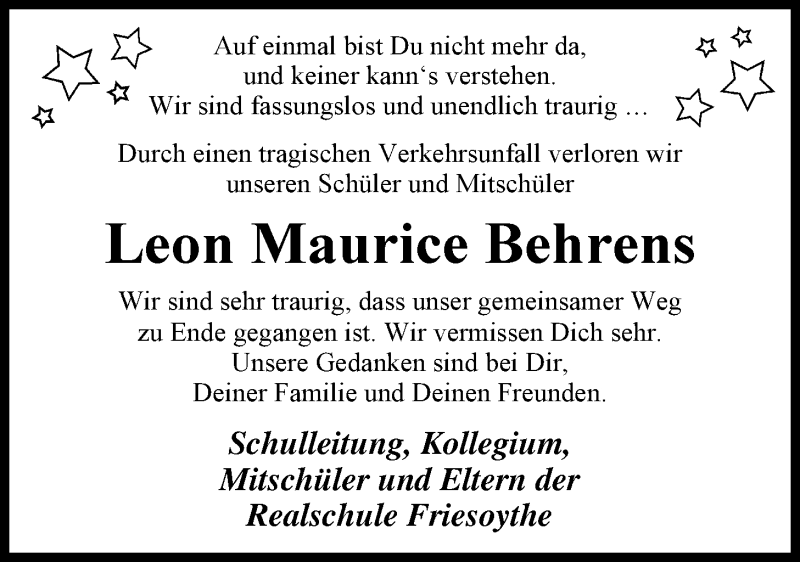  Traueranzeige für Leon Maurice Behrens vom 09.06.2015 aus Nordwest-Zeitung
