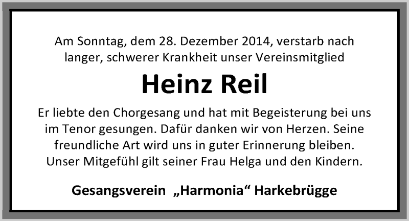  Traueranzeige für Heinz Reil vom 31.12.2014 aus Nordwest-Zeitung
