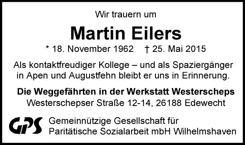  Traueranzeige für Martin Eilers vom 27.05.2015 aus Nordwest-Zeitung