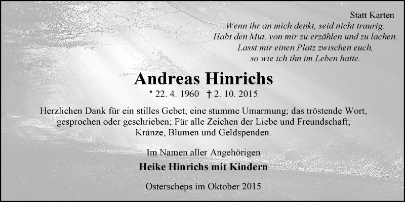  Traueranzeige für Andreas Hinrichs vom 31.10.2015 aus Nordwest-Zeitung