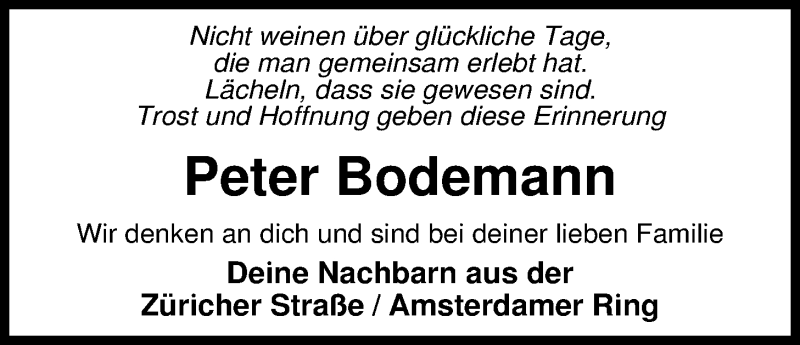  Traueranzeige für Peter Bodemann vom 22.01.2015 aus Nordwest-Zeitung