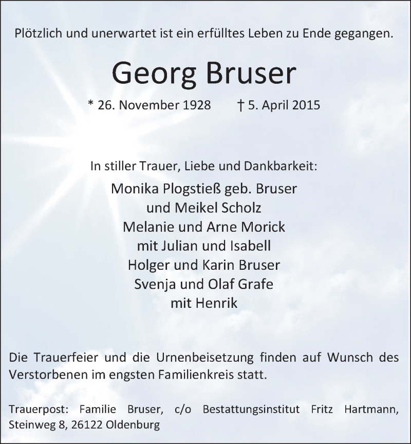  Traueranzeige für Georg Bruser vom 11.04.2015 aus Nordwest-Zeitung
