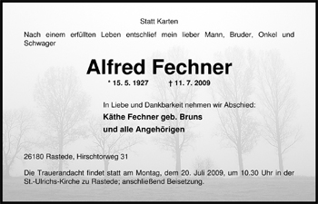 Traueranzeige von Alfred Fechner von Nordwest-Zeitung