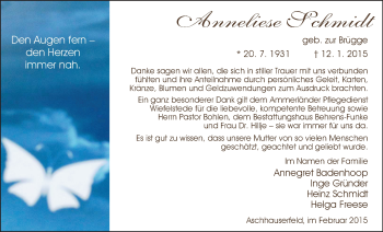 Traueranzeige von Anneliese Schmidt von Nordwest-Zeitung