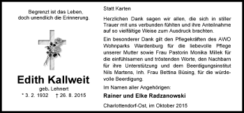 Traueranzeige von Edith Kallweit von Nordwest-Zeitung