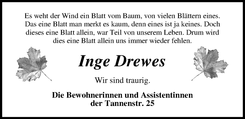  Traueranzeige für Inge Drewes vom 19.12.2014 aus Nordwest-Zeitung