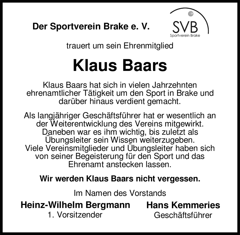  Traueranzeige für Klaus Baars vom 26.05.2009 aus Nordwest-Zeitung