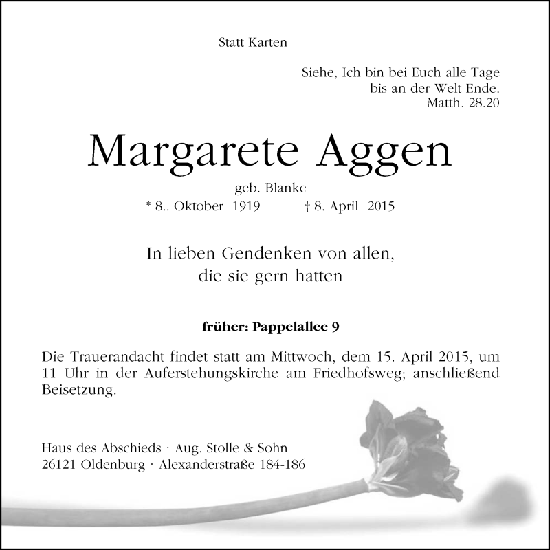  Traueranzeige für Margarete Aggen vom 14.04.2015 aus Nordwest-Zeitung