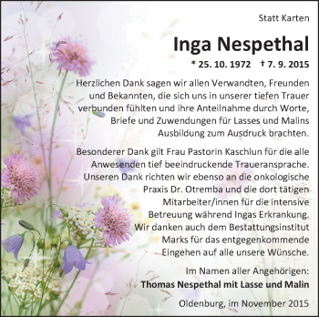 Traueranzeige von Inga Nespethal von Nordwest-Zeitung