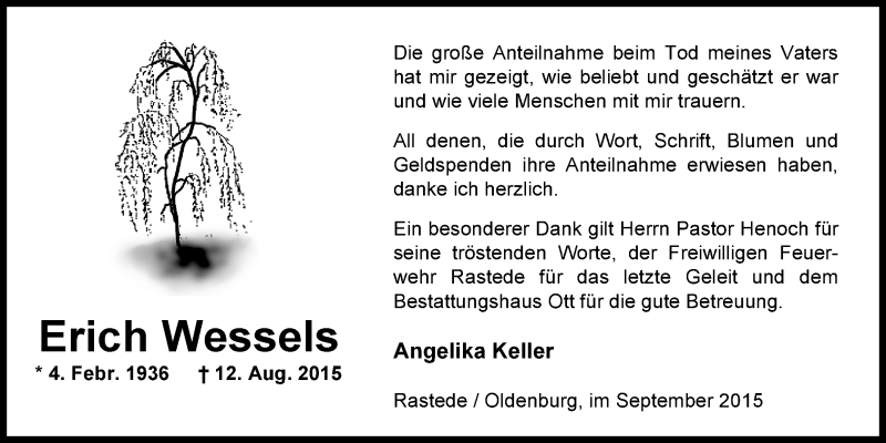  Traueranzeige für Erich Wessels vom 12.09.2015 aus Nordwest-Zeitung