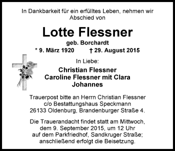 Traueranzeige von Lotte Flessner von Nordwest-Zeitung