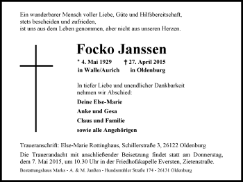 Traueranzeige von Focko Janssen von Nordwest-Zeitung