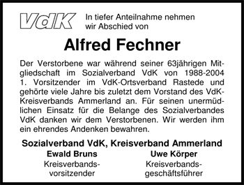 Traueranzeige von Alfred Fechner von Nordwest-Zeitung