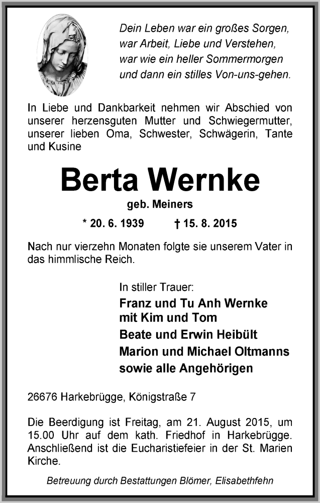  Traueranzeige für Berta Wernke vom 18.08.2015 aus Nordwest-Zeitung
