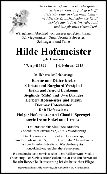 Traueranzeige von Hilde Hofemeister von Nordwest-Zeitung