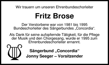 Traueranzeige von Fritz Brose von Nordwest-Zeitung