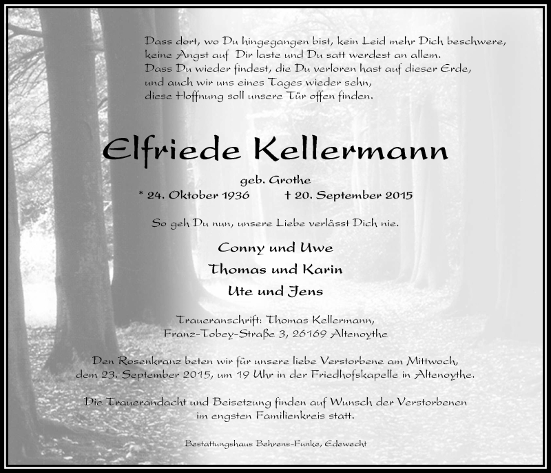 Traueranzeige für Elfriede Kellermann vom 22.09.2015 aus Nordwest-Zeitung