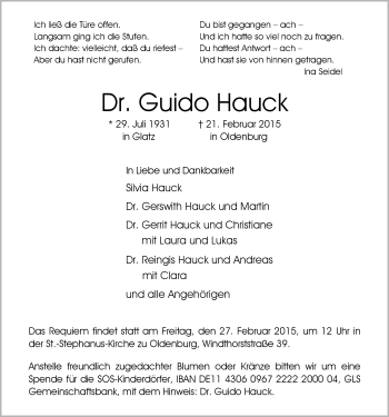 Traueranzeige von Dr. Guido Hauck von Nordwest-Zeitung