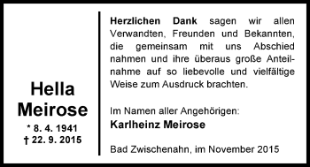 Traueranzeige von Hella Meirose von Nordwest-Zeitung