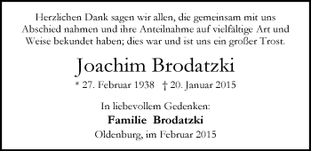 Traueranzeige von Joachim Brodatzki von Nordwest-Zeitung