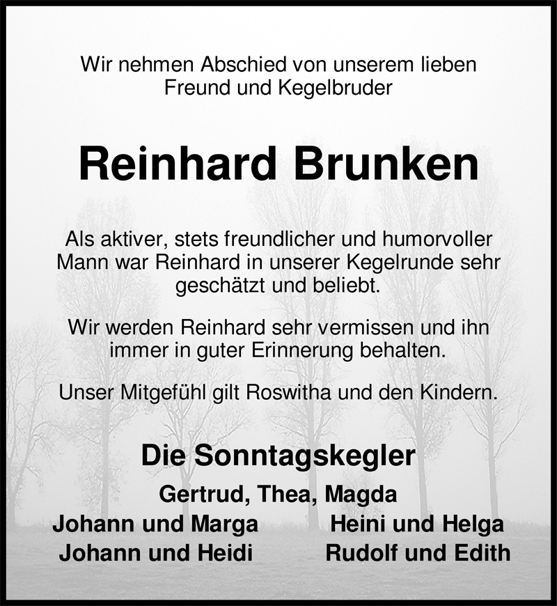  Traueranzeige für Reinhard Brunken vom 20.01.2009 aus Nordwest-Zeitung