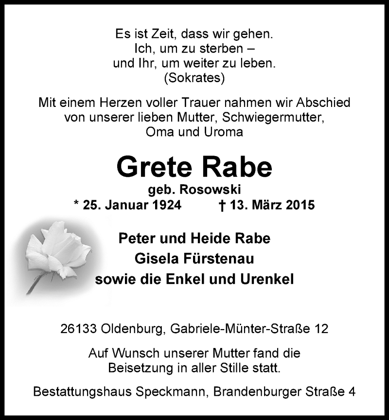  Traueranzeige für Grete Rabe vom 21.03.2015 aus Nordwest-Zeitung