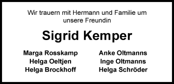 Traueranzeige von Sigrid Kemper von Nordwest-Zeitung