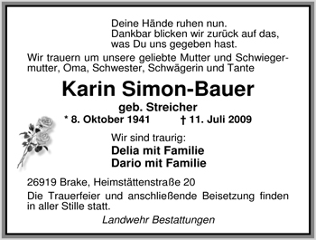 Traueranzeige von Karin Simon-Bauer von Nordwest-Zeitung