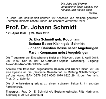 Traueranzeige von Prof. Dr. med. Johann Schmidt von Nordwest-Zeitung
