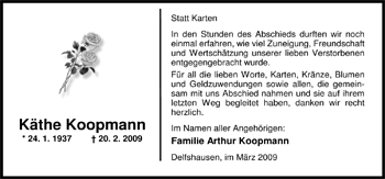 Traueranzeige von Käthe Koopmann von Nordwest-Zeitung