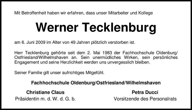  Traueranzeige für Werner Tecklenburg vom 09.06.2009 aus Nordwest-Zeitung