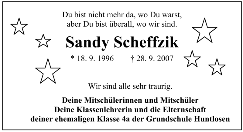  Traueranzeige für Sandy Scheffzik vom 05.10.2007 aus Nordwest Zeitung
