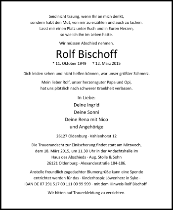 Traueranzeige von Rolf Bischoff von Nordwest-Zeitung