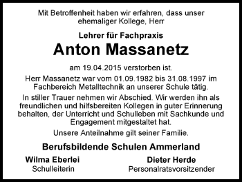 Traueranzeige von Anton Massanetz von Nordwest-Zeitung
