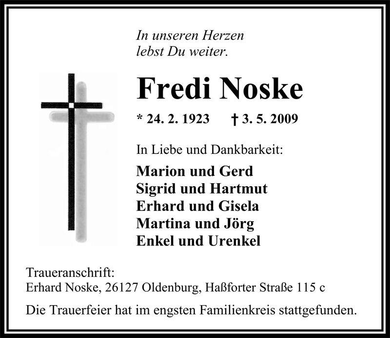  Traueranzeige für Fredi Noske vom 09.05.2009 aus Nordwest-Zeitung