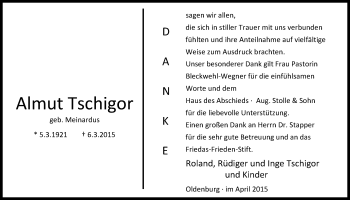 Traueranzeige von Almut Tschigor von Nordwest-Zeitung