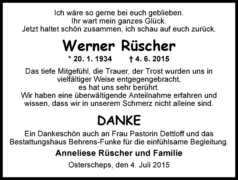  Traueranzeige für Werner Rüscher vom 04.07.2015 aus Nordwest-Zeitung
