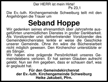 Traueranzeige von Seband Hoppe von Nordwest-Zeitung