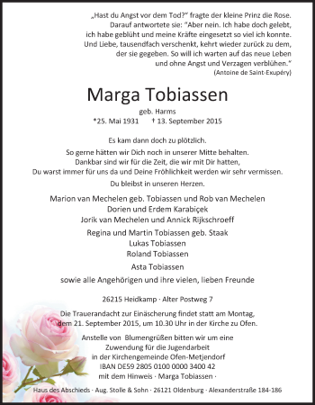 Traueranzeige von Marga Tobiassen von Nordwest-Zeitung