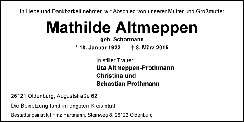  Traueranzeige für Mathilde Altmeppen vom 14.03.2015 aus Nordwest-Zeitung