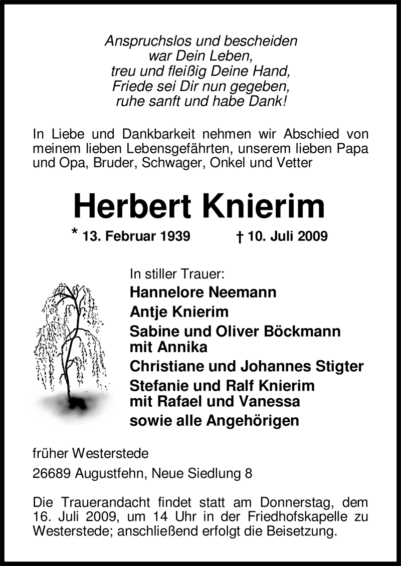  Traueranzeige für Herbert Knierim vom 13.07.2009 aus Nordwest-Zeitung