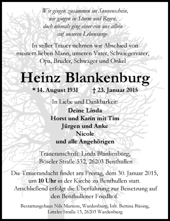 Traueranzeige von Heinz Blankenburg von Nordwest-Zeitung