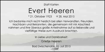Traueranzeige von Evert Heeren von Nordwest-Zeitung