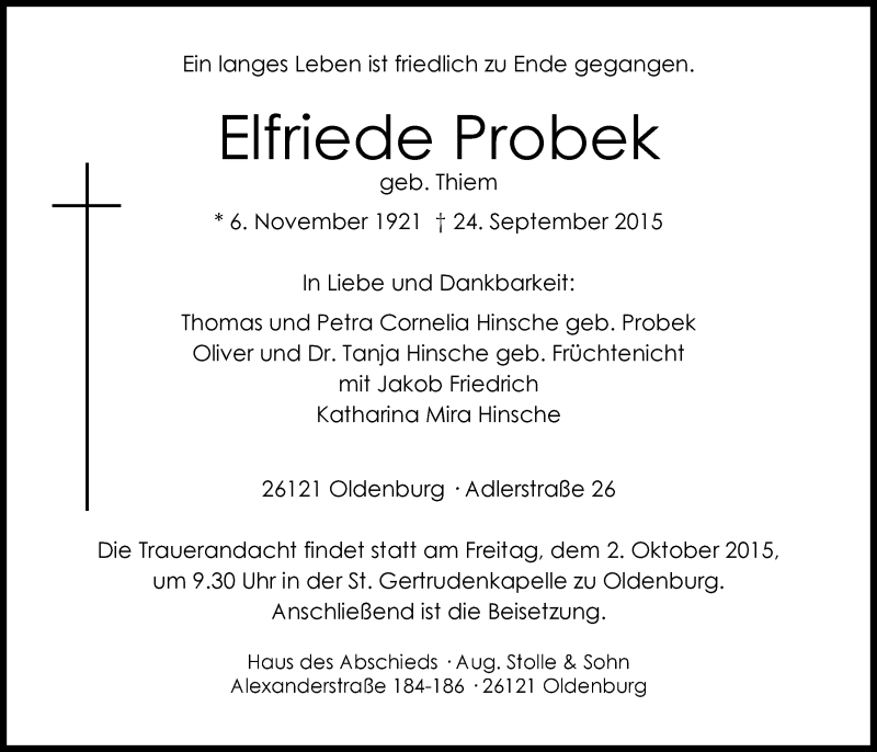  Traueranzeige für Elfriede Probek vom 26.09.2015 aus Nordwest-Zeitung